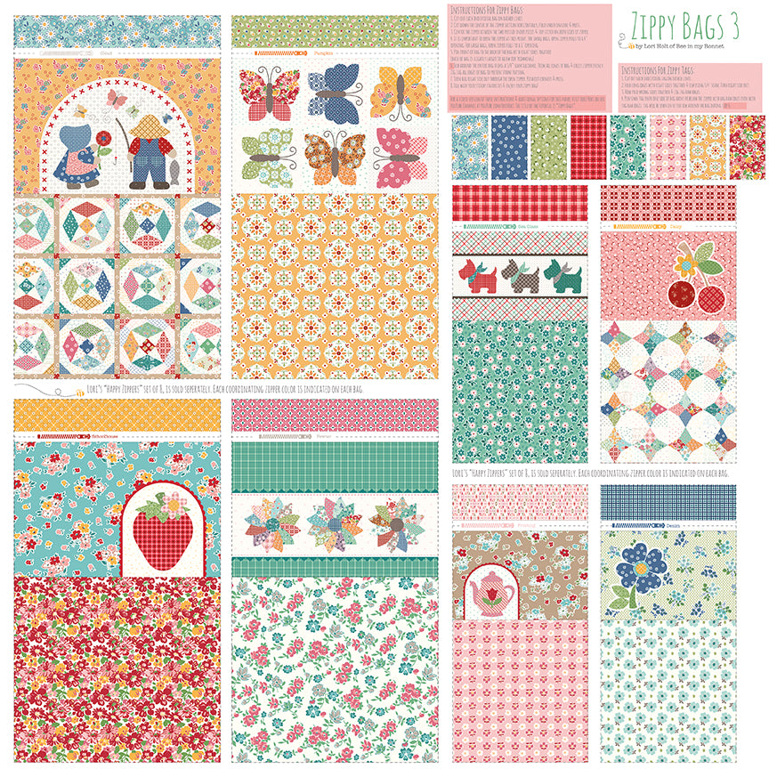 Lori Holt Zippy Bags 3 Panel - From Prairie Home; Lightweight Canvas Panel; Makes 4 Large & 4 Small Project Bags