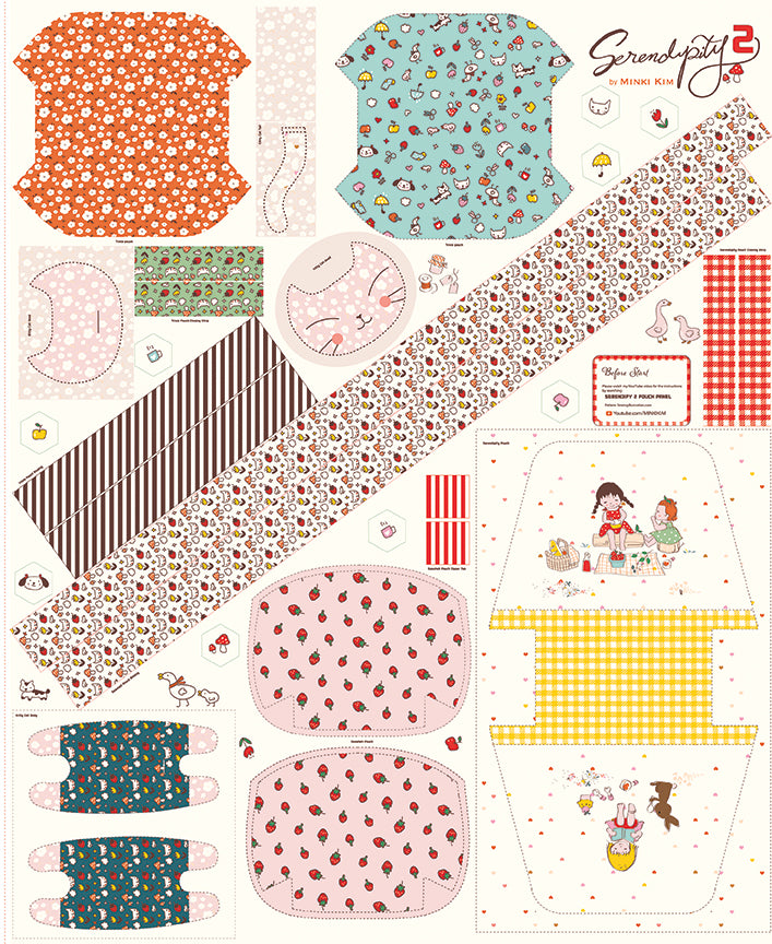Serendipity 2 Pouch Panel by Minki Kim of Sewing Illustration; Makes 3 Pouches & a Kitty Cat