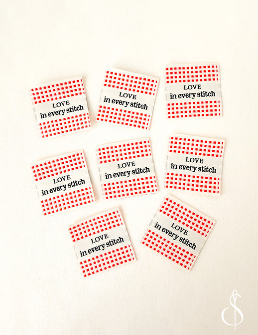 Minki Kim - Check Love Woven Labels: Love In Every Stitch; Set of 8 Labels; Approx. 1.5" x 1.5" each