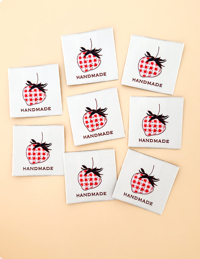 Minki Kim - Check Strawberry "Handmade" Woven Labels; Set of 8 Labels; Approx. 2" x 2" each
