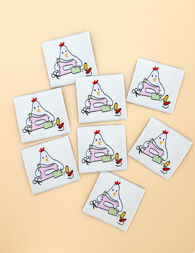 Minki Kim - Sewing Chicken Woven Labels; Set of 8 Labels; Approx. 1.75" x 1.75" each