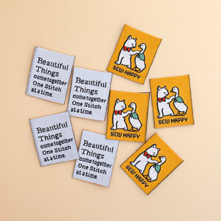 Minki Kim Sew Happy (Cat & Goose) Woven Labels; Set of 8 Labels, Approx. 1" x 1.25" each