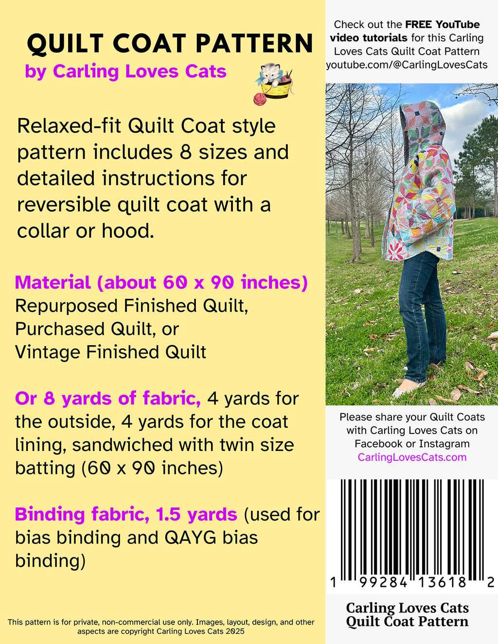 Quilt Coat Pattern by Carling Loves Cats; PAPER Pattern; Fits Most - Very Relaxed-Fit