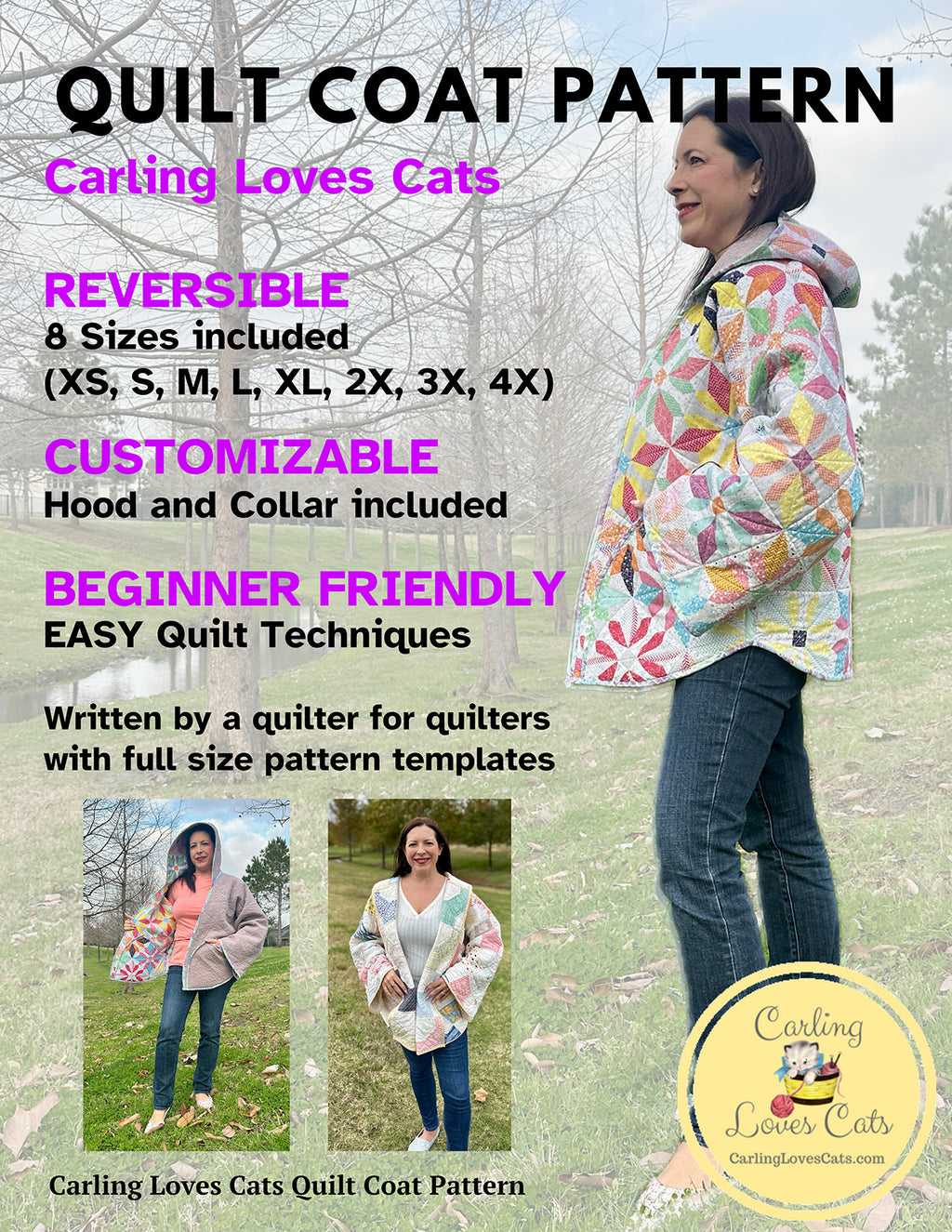 Quilt Coat Pattern by Carling Loves Cats; PAPER Pattern; Fits Most - Very Relaxed-Fit
