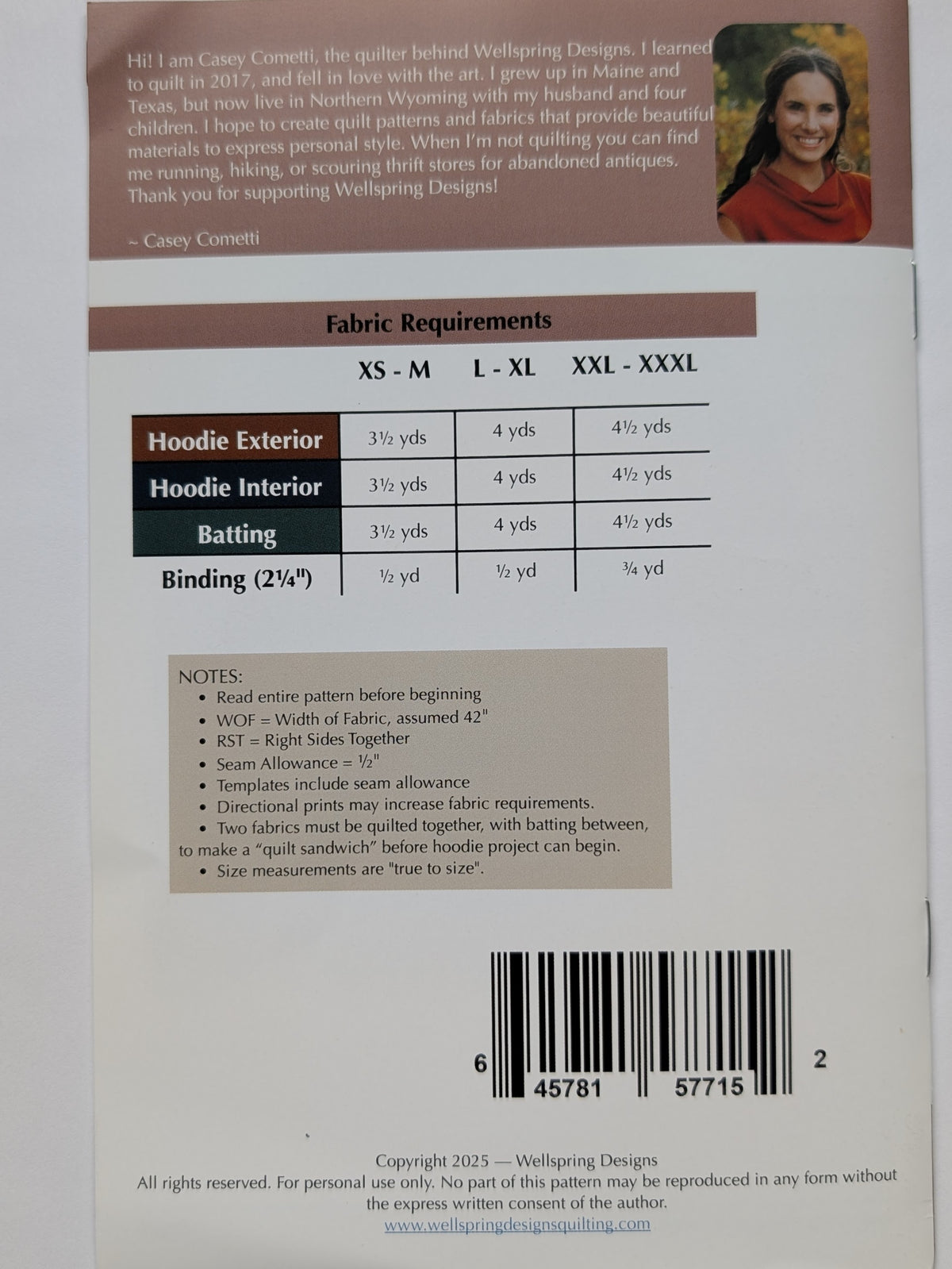 Quilted Hoodie Pattern by Casey Cometti at Wellspring Designs; Sizes XS-XXXL; PAPER Pattern
