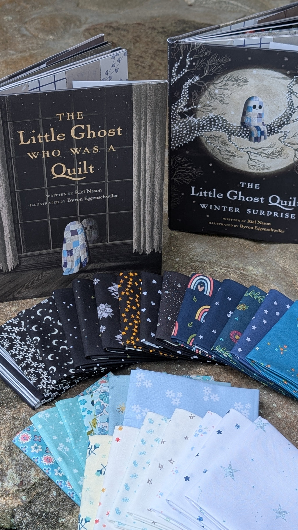 Quilt Kit for Ghost Party Quilt by Woolly Petals - "Little Ghost Who Was A Quilt"; 13 NON-Spooky FQs, 7 LV, 7 Blue FE, Binding + Paper Pattern