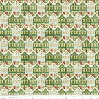 Claus & Co. Christmas Houses in Green Sparkle by Melissa Mortenson; Sold in Half Yard Increments