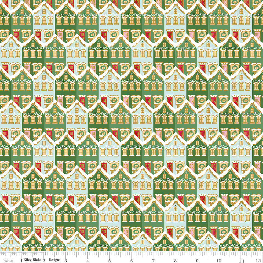 Claus & Co. Christmas Houses in Green Sparkle by Melissa Mortenson; Sold in Half Yard Increments