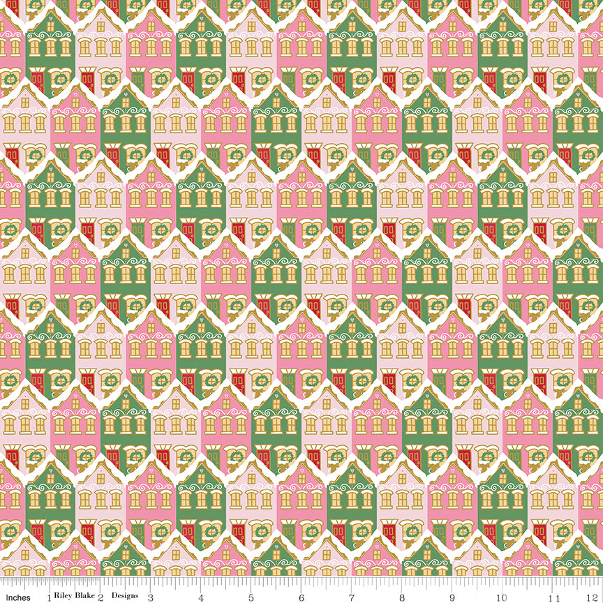 Claus & Co. Christmas Houses in Pink Sparkle by Melissa Mortenson; Sold in Half Yard Increments