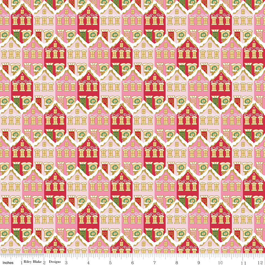 Claus & Co. Christmas Houses in Red Sparkle by Melissa Mortenson; Sold in Half Yard Increments