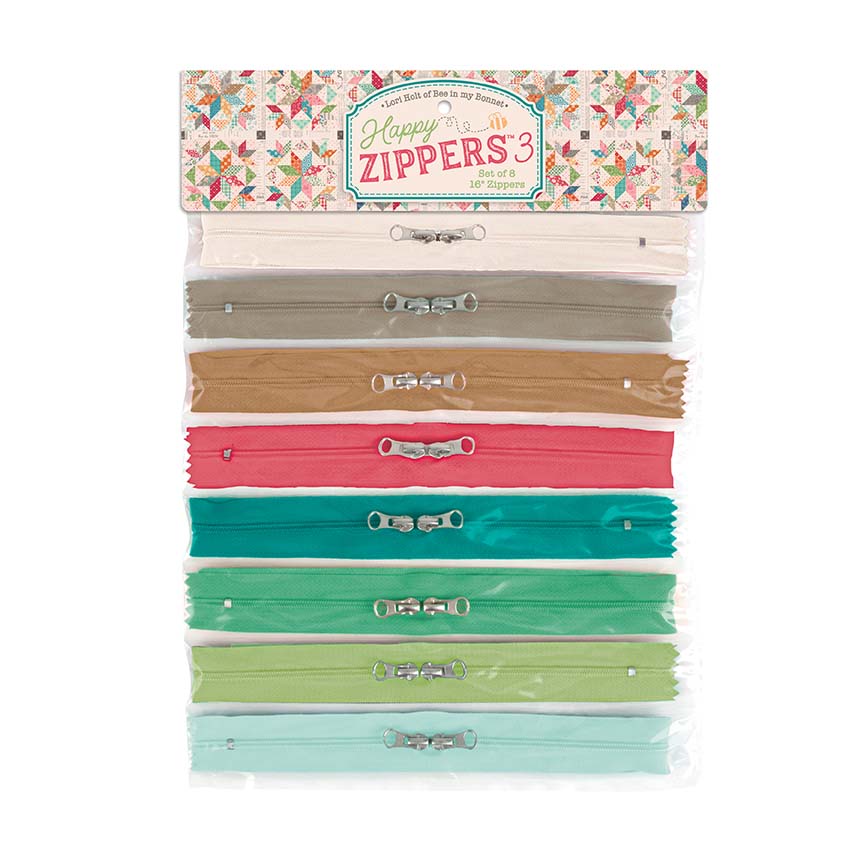Happy Zippers 3 by Lori Holt of Bee in my Bonnet; Includes 8 - 16" inch zippers with double pulls