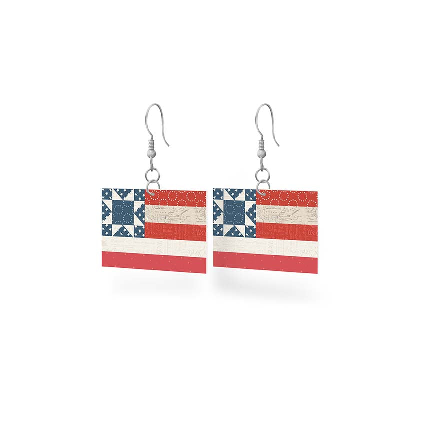 Leather Flag Earrings from the Independence Collection by Riley Blake Designers; Earring size is 3/4" x 1". Hang is 2"