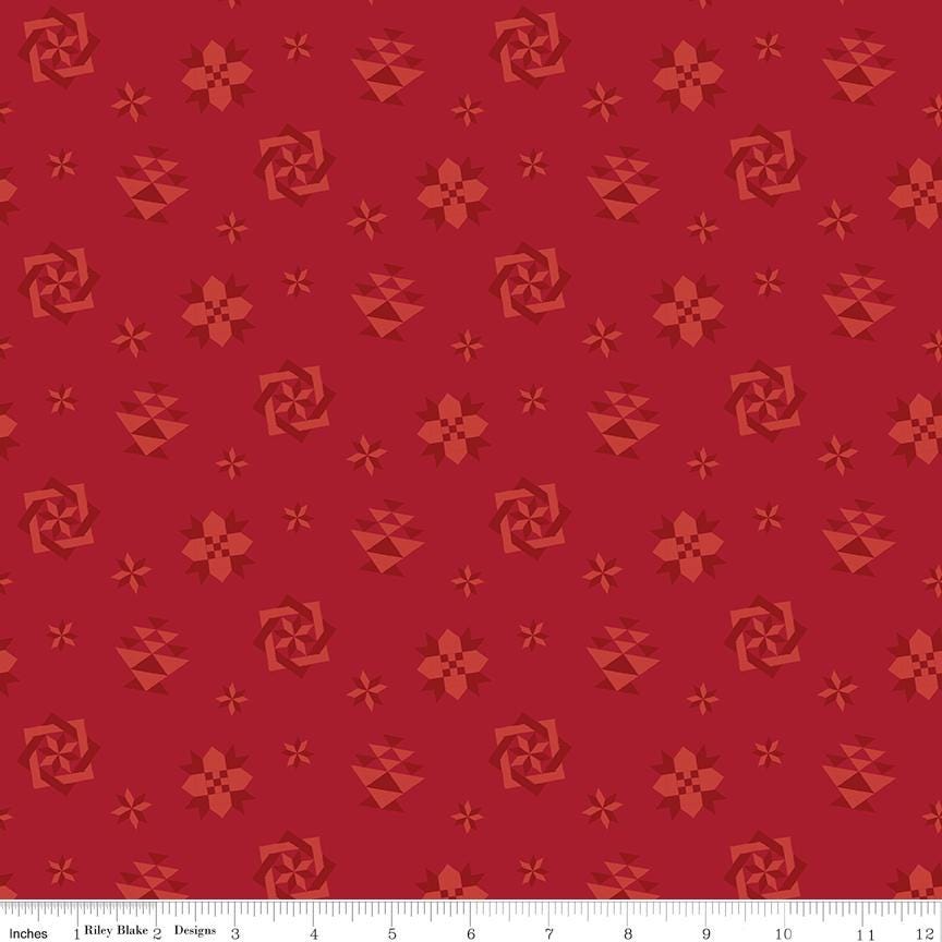 Spring Barn Quilts - Quilt Blocks on Rusty Red by Tara Reed; Sold in Half Yard Increments