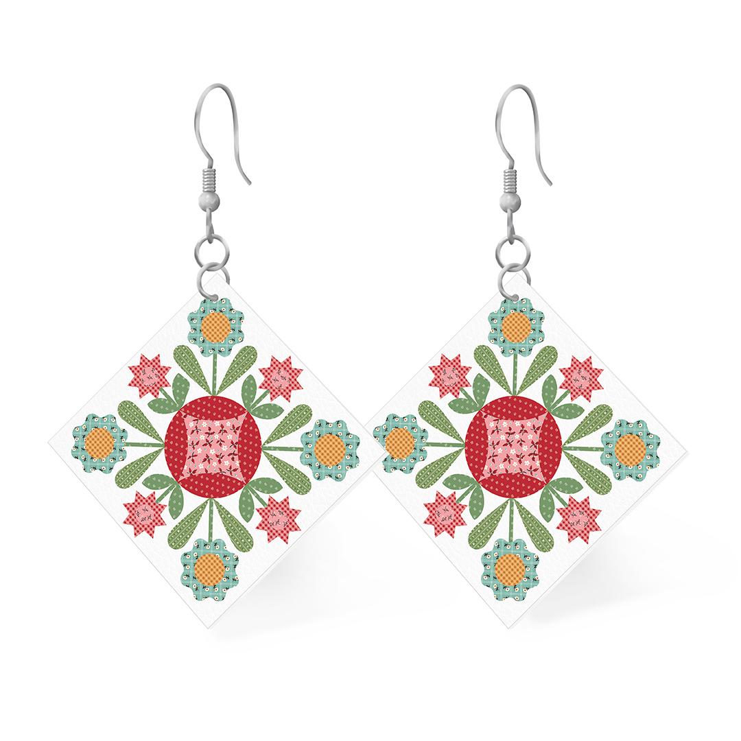 Leather Square Earrings Featuring Prairie Flower Design by Lori Holt of Bee in my Bonnet; Earring size is 1" x 1". Hang is 2".