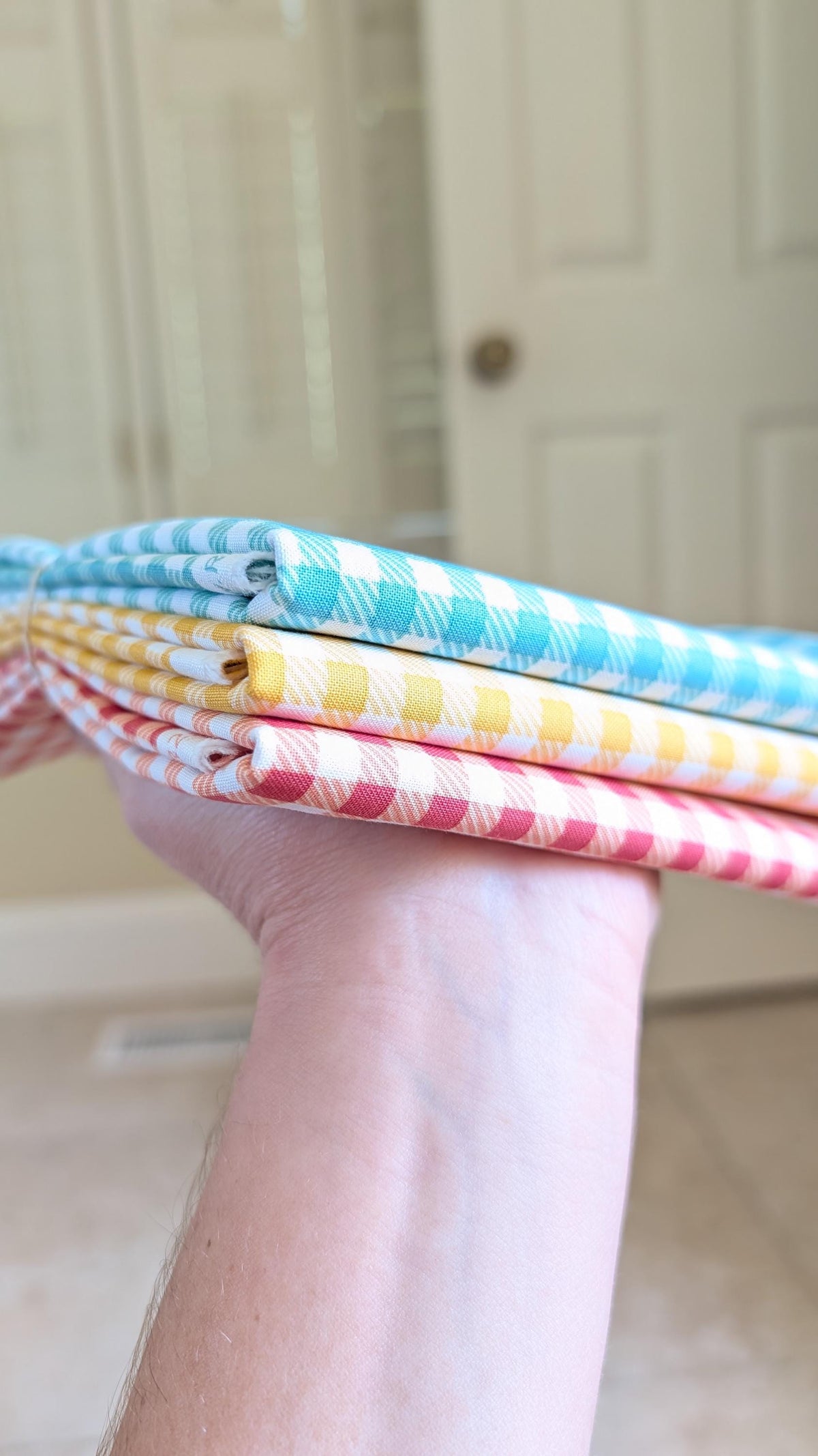 Gingham Binding Bundle with Prints from First Blooms by Heather Peterson of Anka's Treasures; Three 3/4 yard pieces in Blue, Yellow, and Red