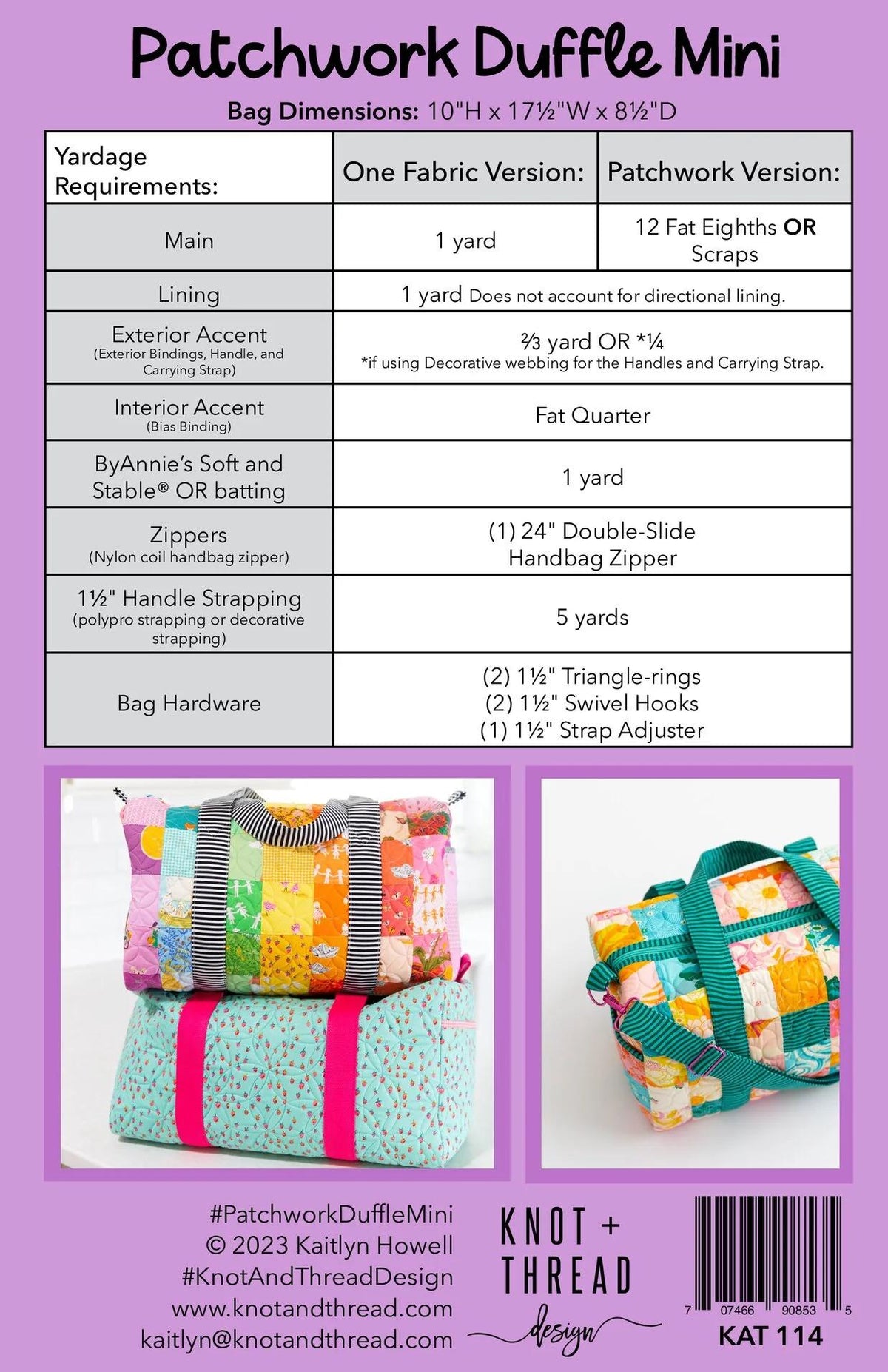 Patchwork Duffle Mini PAPER Pattern by Knot and Thread Designs