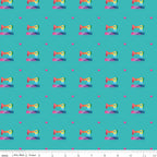 Geometric Sewing Machines on Peacock Blue by Kristy Lea of Quiet Play for Make Collection; Sold in Half Yard Increments
