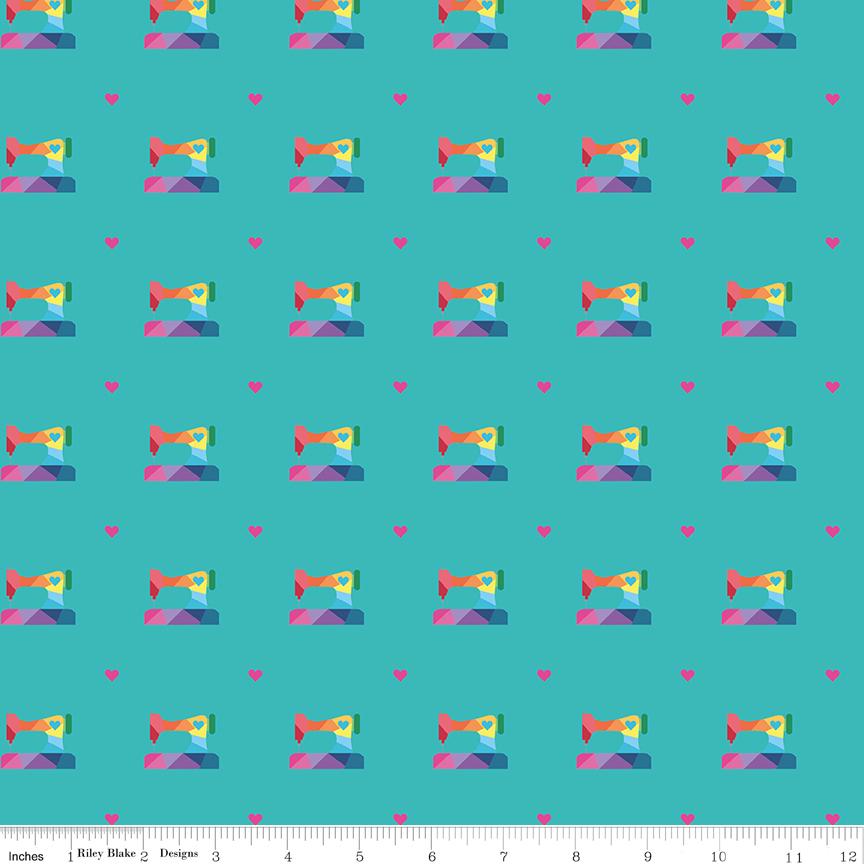 Geometric Sewing Machines on Peacock Blue by Kristy Lea of Quiet Play for Make Collection; Sold in Half Yard Increments