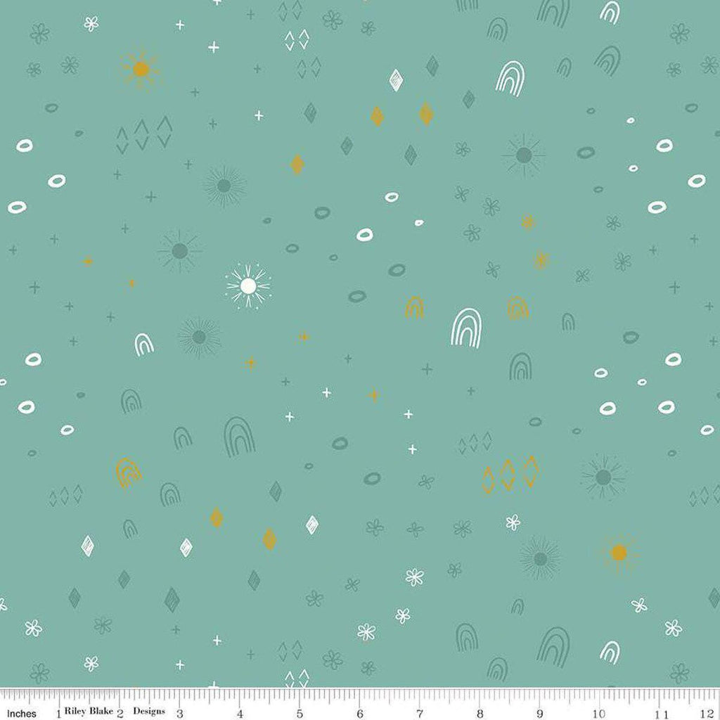 Boho Things on Teal Sparkle (Pale Blue) by Amanda Niederhauser of Jedi Craft Girl for Stay Wild collection; Sold in Half Yard Increments