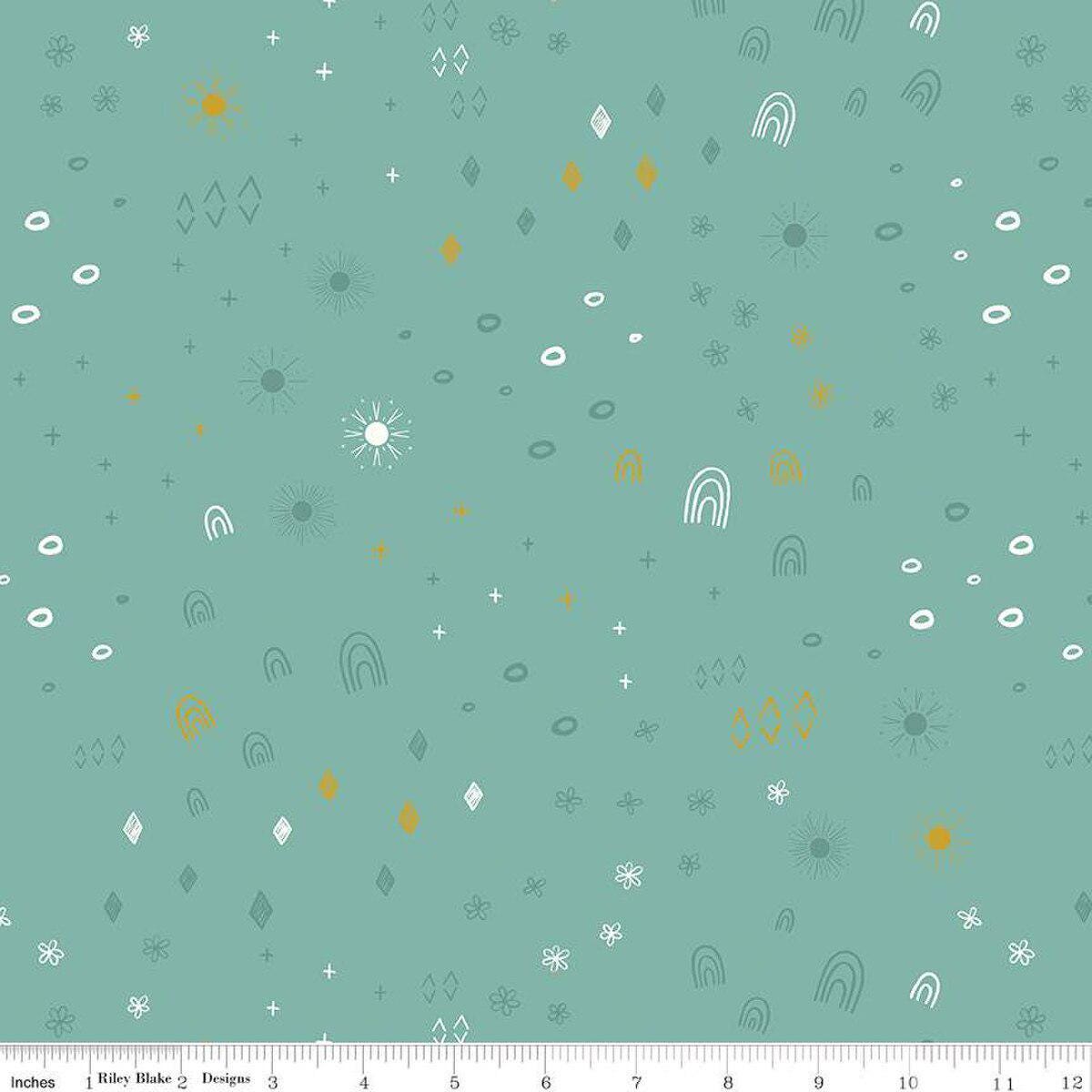 Boho Things on Teal Sparkle (Pale Blue) by Amanda Niederhauser of Jedi Craft Girl for Stay Wild collection; Sold in Half Yard Increments
