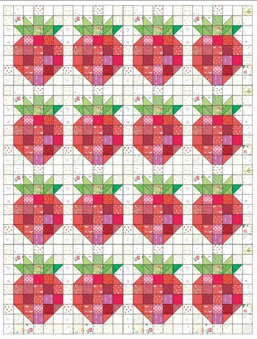 Quilt Kit for Strawberry Quilt: 13 Red FQs, 11 Green Fat Eighths, 16 Low Volume FQs for a Scrappy Happy Strawberry Quilt approx. 75" x 99"
