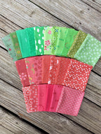 Strawberry Fabric Bundle: 13 Red Fat Quarters AND 11 Green Fat Eighths; Makes 16 Strawberry Quilt Blocks WITHOUT Background