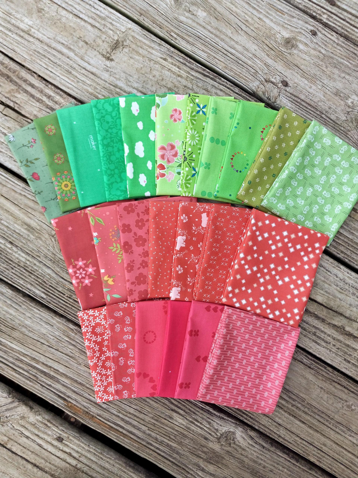 Strawberry Fabric Bundle: 13 Red Fat Quarters AND 11 Green Fat Eighths; Makes 16 Strawberry Quilt Blocks WITHOUT Background