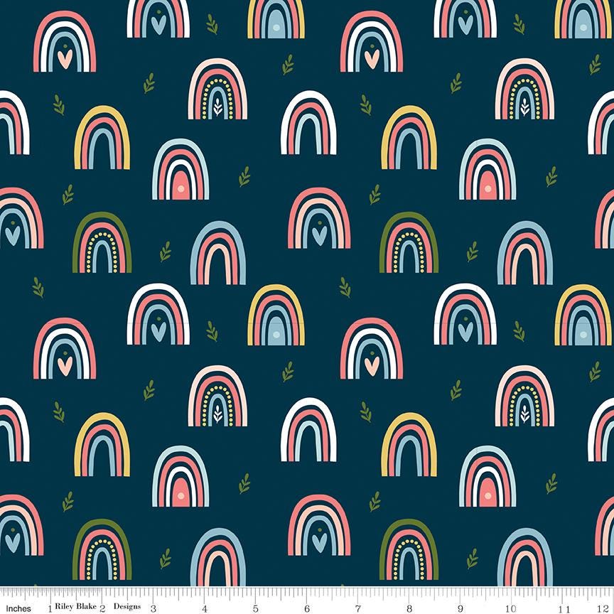 Rainbows on Oxford Blue from Day In The Life by Echo Park Paper Co.; Sold in Half Yard Increments