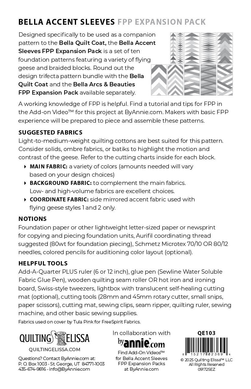 Bella Accent Sleeves FPP Expansion Pack Companion Pattern by Quilting Elissa in Collaboration with ByAnnie; PAPER Pattern