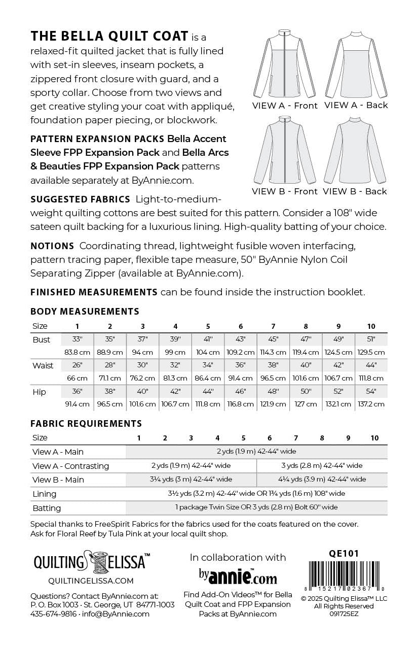 Bella Quilted Coat Pattern by Quilting Elissa in Collaboration with ByAnnie; Ten Sizes Available; PAPER Pattern