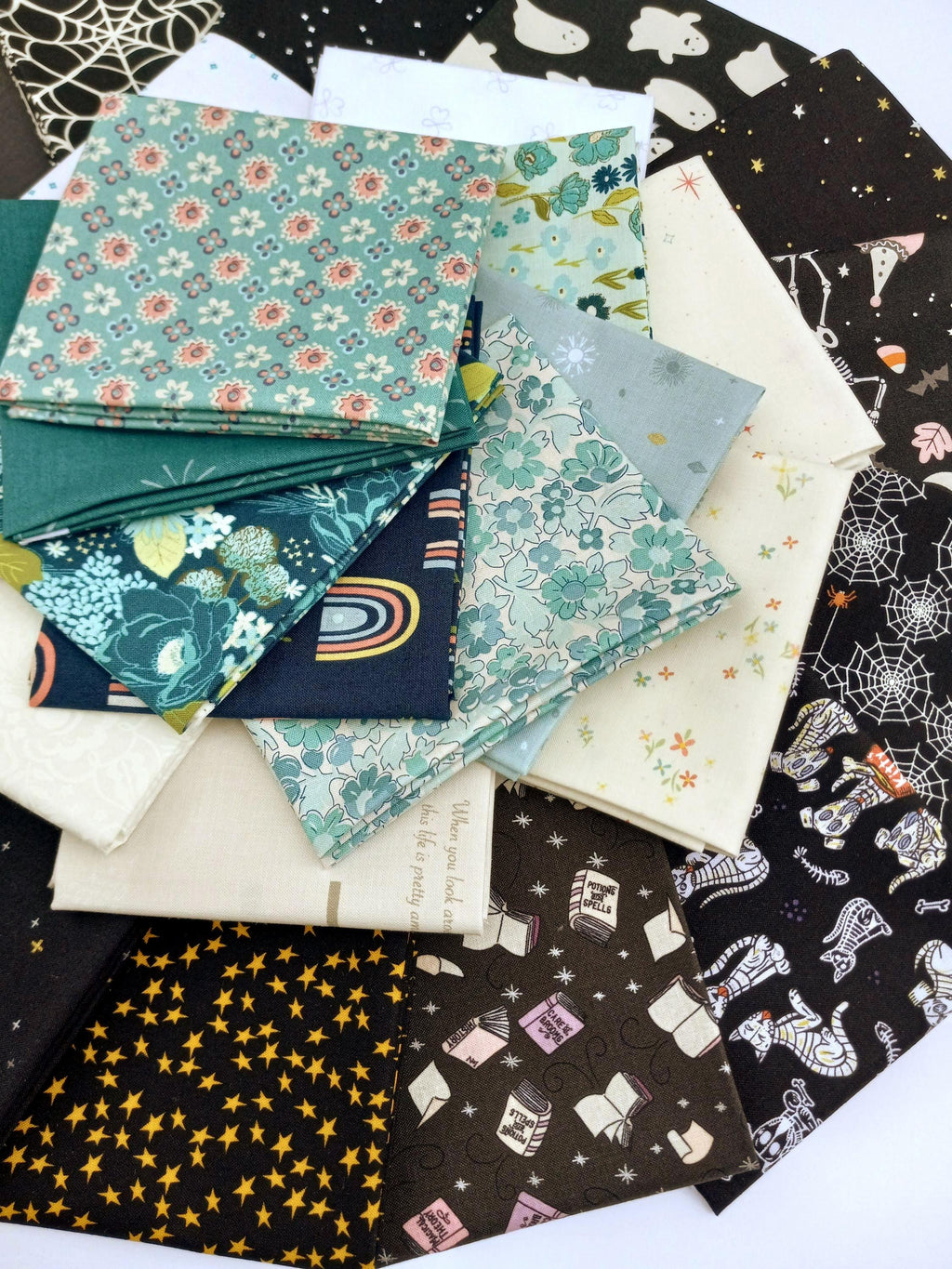 Quilt Kit for Ghost Party Quilt by Woolly Petals - Inspired by "The Little Ghost Who Was A Quilt"; 13 Spooky FQs, 7 LV, 7 Blue FEs, Binding + Paper Pattern