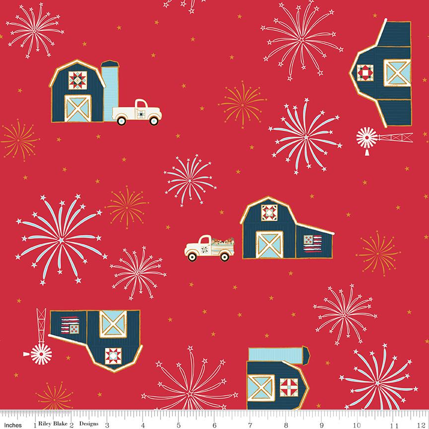 Sweet Freedom Barns on Red with Sparkle by Beverly McCullough of Flamingo Toes; Sold in Half Yard Increments