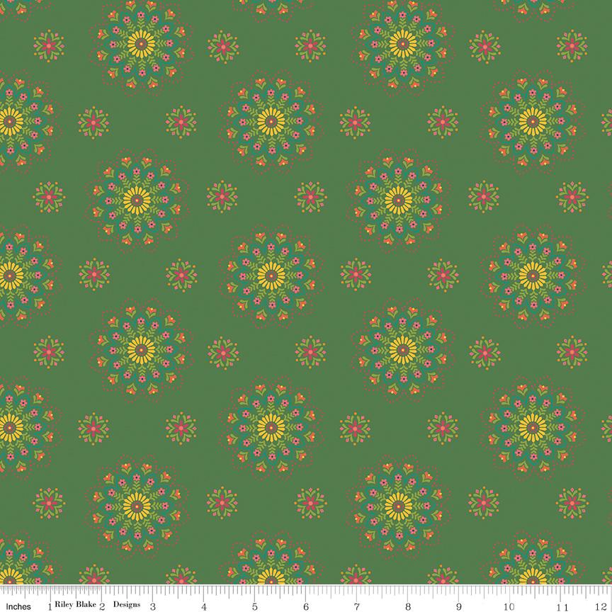 Market Street Medallions on Green by Heather Peterson of Anka's Treasures; Sold in Half Yard Increments