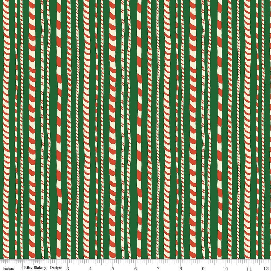 Liberty Fabrics Festive Fair Candy Cane Stripes B on Dark Green; Sold in Half Yard Increments
