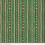 Liberty Fabrics Festive Fair Candy Cane Stripes B on Dark Green; Sold in Half Yard Increments