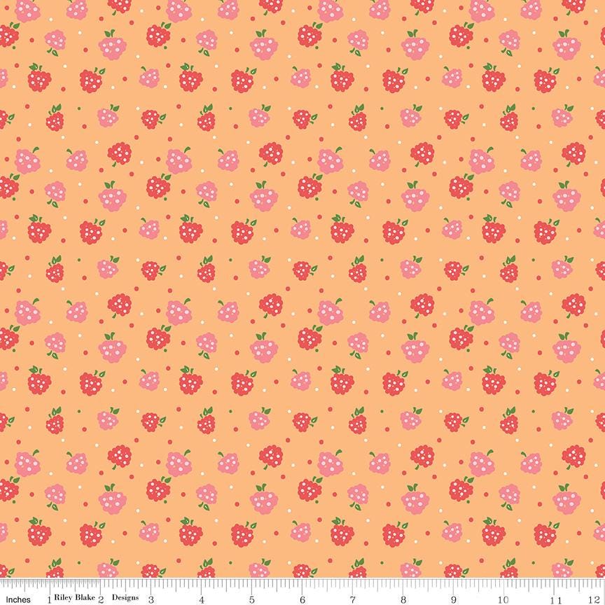 Summer Skies and Fireflies - Raspberries on Orange by Gracey Larson of Burlap and Blossom; Sold in Half Yard Increments