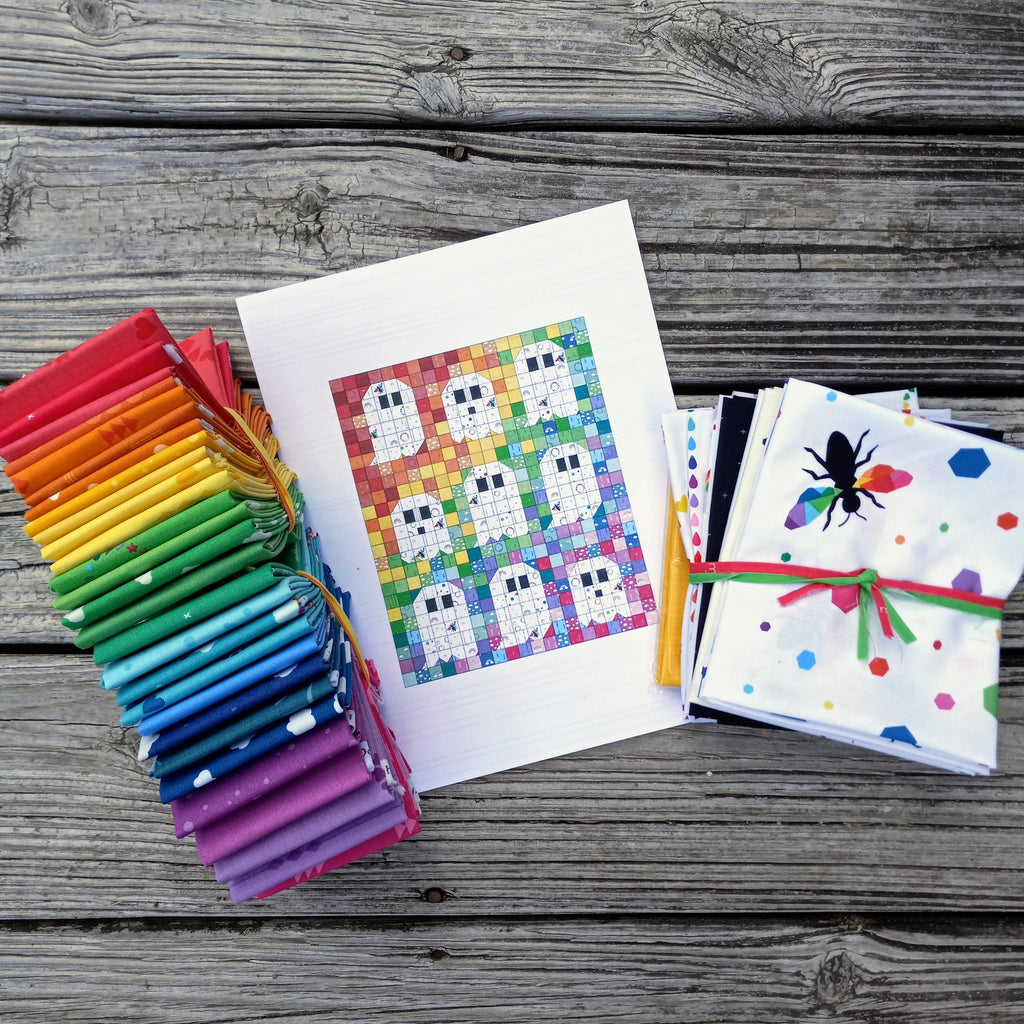 Quilt Kit for Rainbow Ghost Party Quilt by Woolly Petals; Includes 30 Rainbow FATTER Eighths, 8 LV FQs, 1 Black FQ, Half-Yard Star Fabric + Paper Pattern