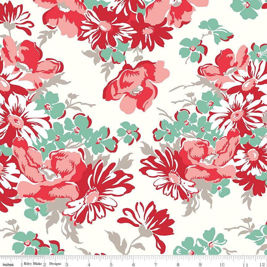 Wide Back Cook Book Floral Print in Cayenne by Lori Holt of Bee in my Bonnet; Approx. 107"/108" for Quilt Backing; Sold by the Yard