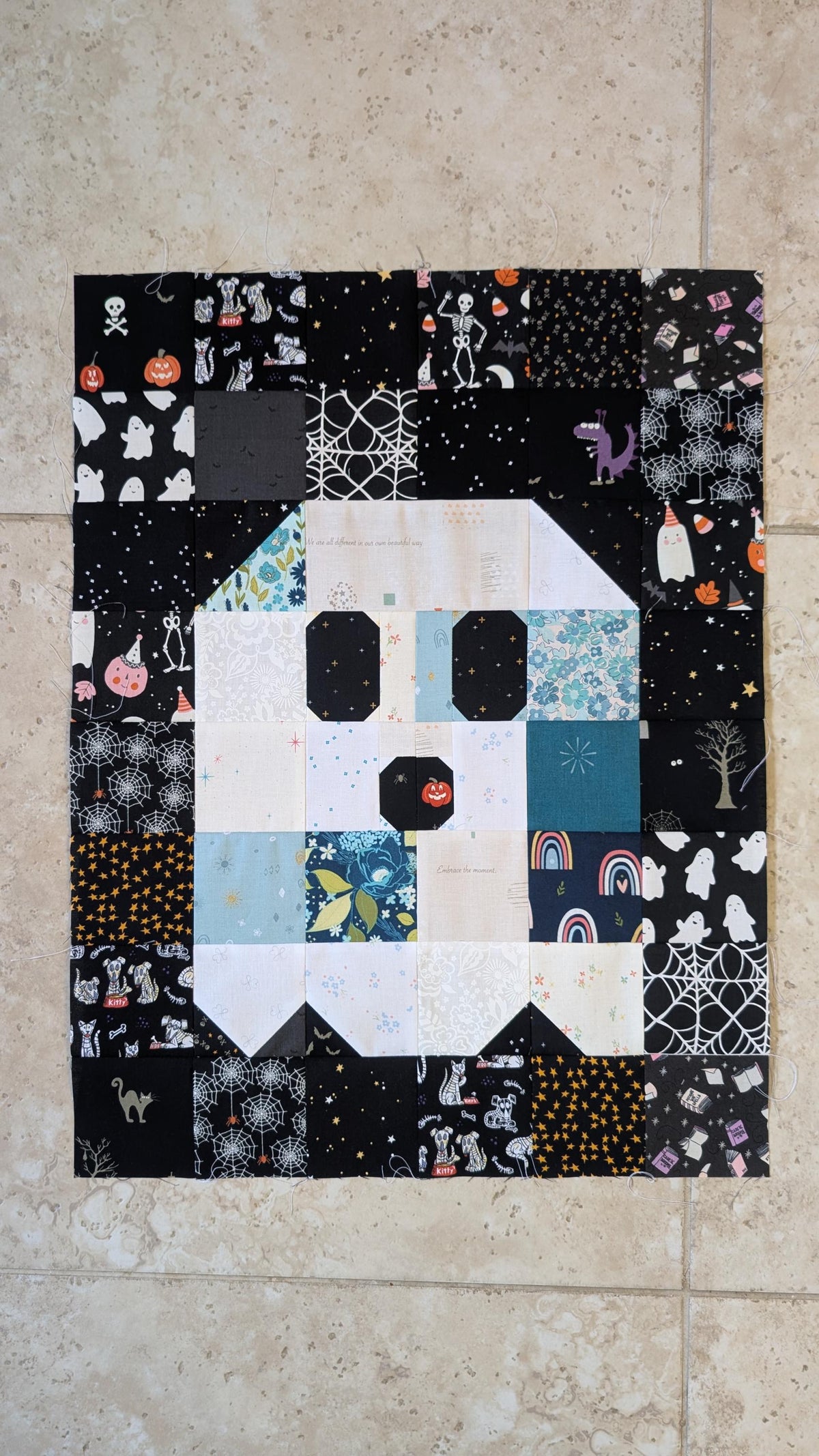 Quilt Kit for Ghost Party Quilt by Woolly Petals - Inspired by "The Little Ghost Who Was A Quilt"; 13 Spooky FQs, 7 LV, 7 Blue FEs, Binding + Paper Pattern