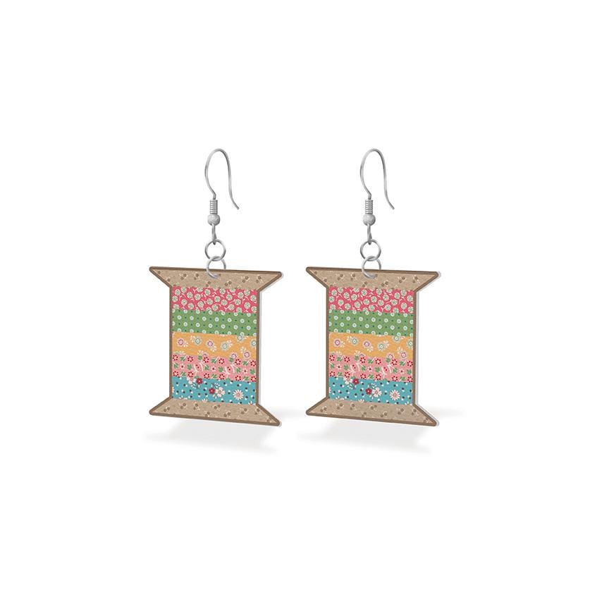 Leather Spool Earrings Featuring Mercantile Designs by Lori Holt of Bee in my Bonnet; Earring size is 1" x 1". Hang is 2".