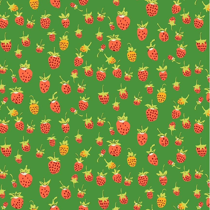 Red Strawberries on Green from Heather Ross' Studio Edit Collection; Sold in Half Yard Increments