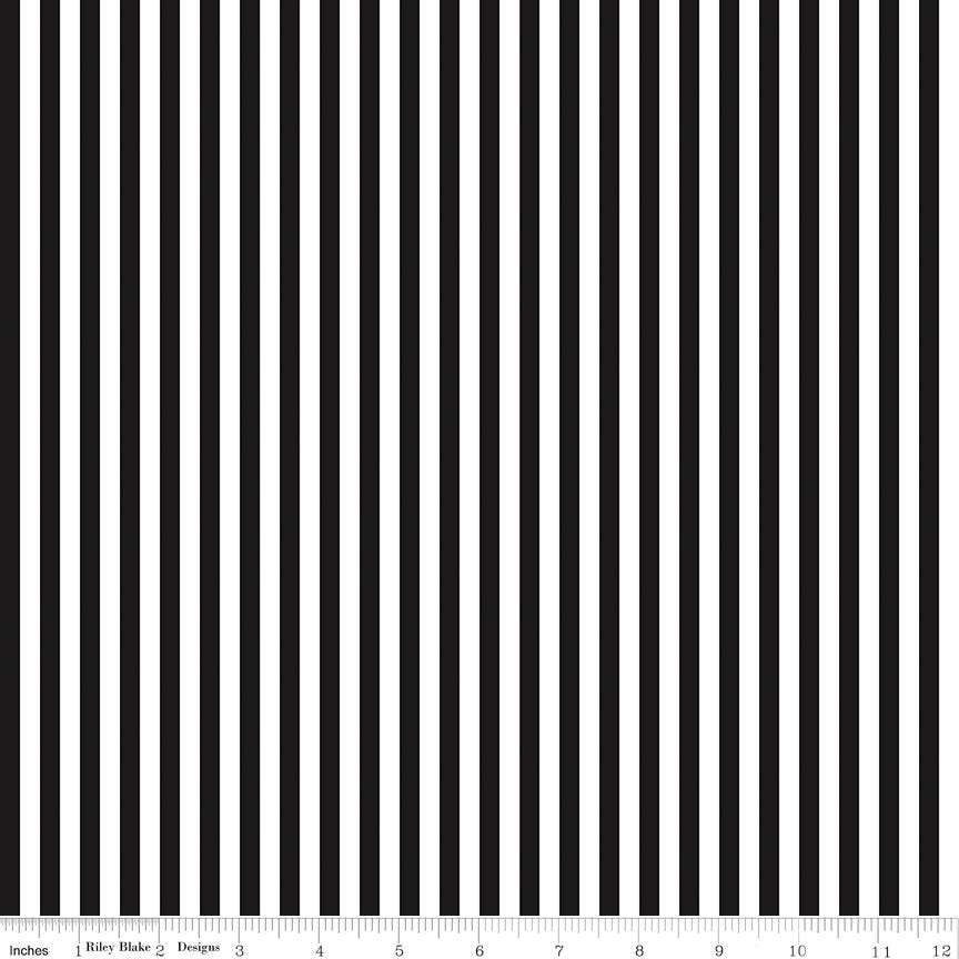 Black 1/4 Inch Stripe on White; Basics Collection for Riley Blake Designs; Sold in Half Yard Increments