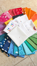 Quilt Kit for Rainbow Ghost Party Quilt by Woolly Petals; Includes 30 Rainbow FATTER Eighths, 8 LV FQs, 1 Black FQ, Half-Yard Star Fabric + Paper Pattern