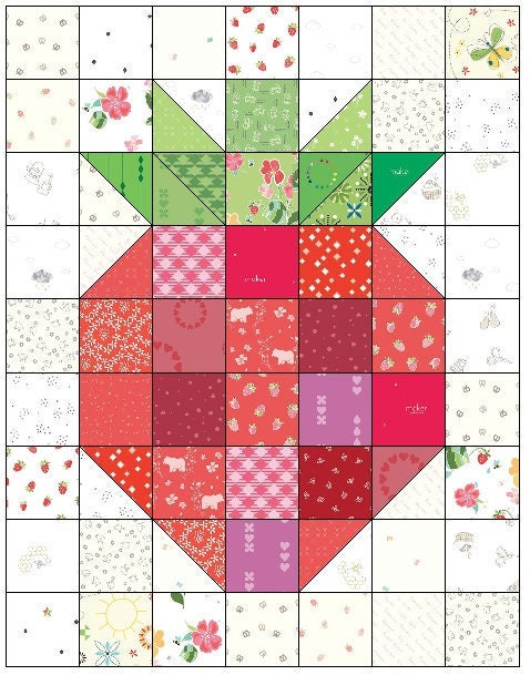 Strawberry Fabric Bundle: 13 Red Fat Quarters AND 11 Green Fat Eighths; Makes 16 Strawberry Quilt Blocks WITHOUT Background