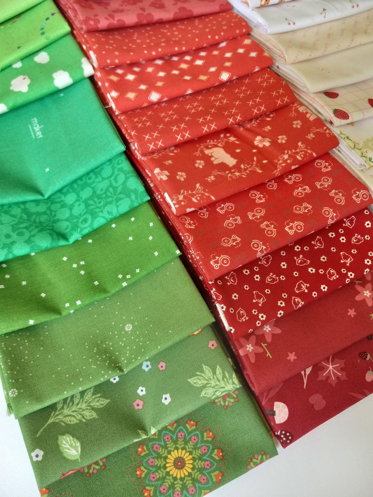 Quilt Kit for Strawberry Quilt: 13 Red FQs, 11 Green Fat Eighths, 16 Low Volume FQs for a Scrappy Happy Strawberry Quilt approx. 75" x 99"