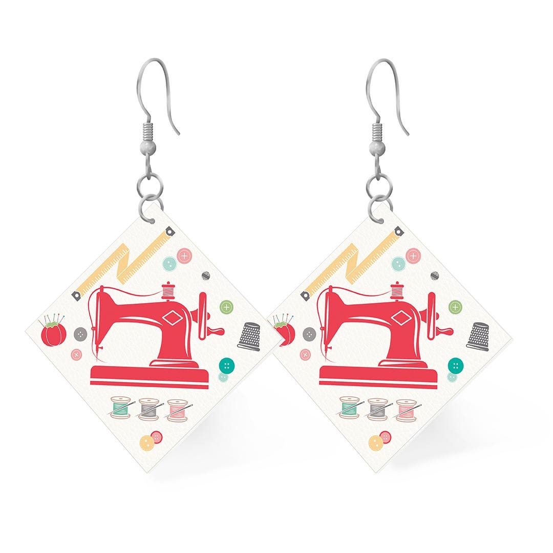 Leather Square Earrings Featuring Sewing Machines from My Happy Place by Lori Holt of Bee in my Bonnet; Earring size is 1" x 1". Hang is 2".