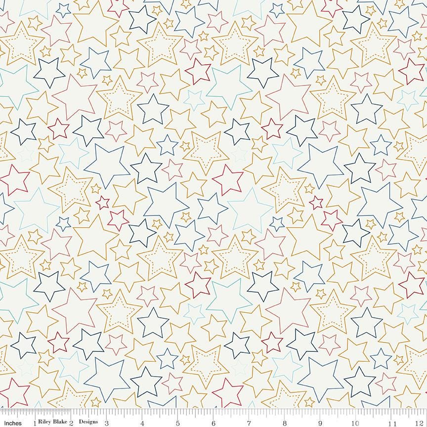 Sweet Freedom Stars in Multi-Color (Red, Blues, and Gold Sparkle) by Beverly McCullough of Flamingo Toes; Sold in Half Yard Increments