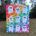 Quilt Kit for Rainbow Ghost Party Quilt by Woolly Petals; Includes 30 Rainbow FATTER Eighths, 8 LV FQs, 1 Black FQ, Half-Yard Star Fabric + Paper Pattern