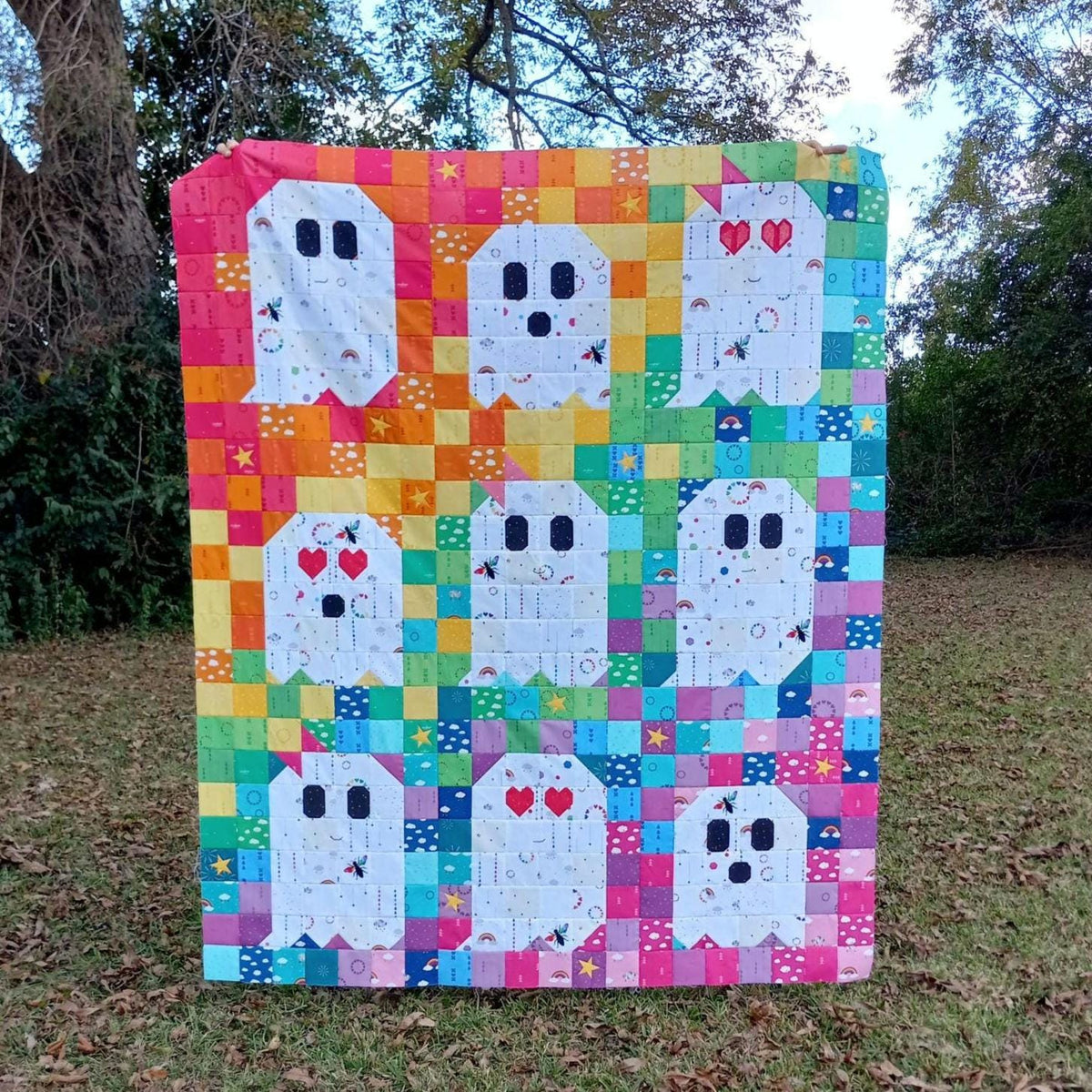 Quilt Kit for Rainbow Ghost Party Quilt by Woolly Petals; Includes 30 Rainbow FATTER Eighths, 8 LV FQs, 1 Black FQ, Half-Yard Star Fabric + Paper Pattern